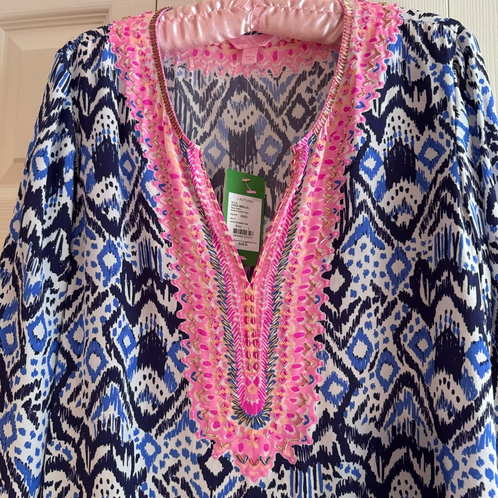 EUC LILLY PULITZER Oh My Cod Renato Dinner Tunic 100% silk, Size LARGE